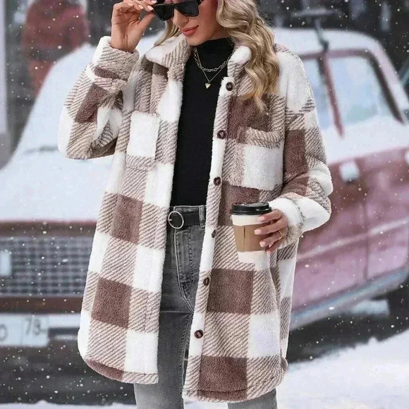 Multicolor Casual Women's Buffalo Plaid Pattern Drop Shoulder Teddy Coat - Picture 1 of 4
